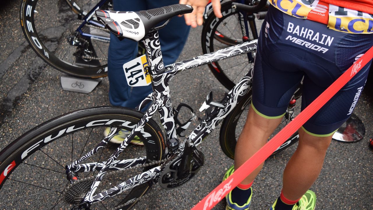 Sonny Colbrelli of Bahrain-Merida is rumoured to be riding the latest Merida Reacto and has wrapped the frame in black and white stickers to keep the details obscured