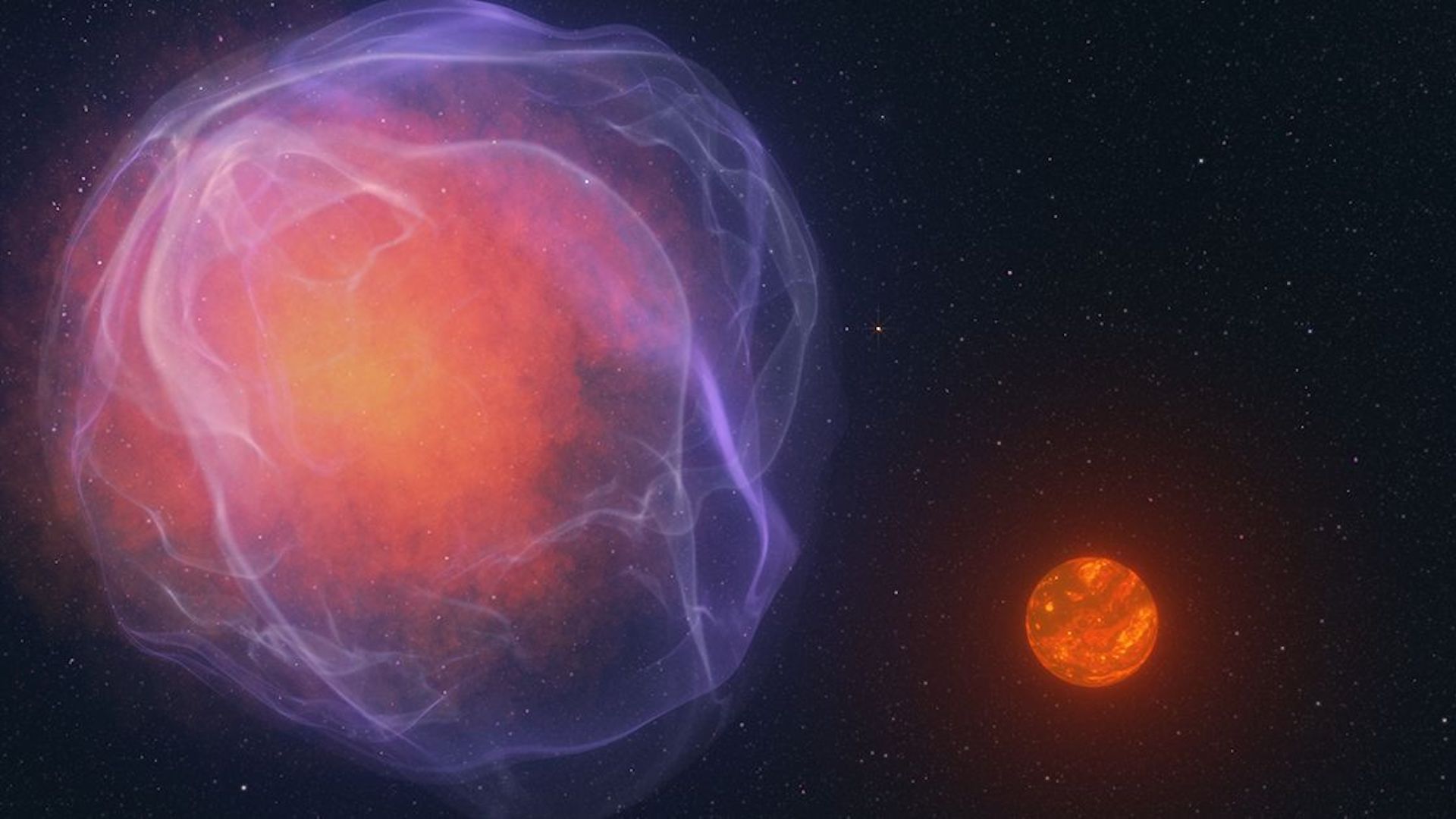 A simulated image shows the moment a low-mass star is about to get a kick out of the supernova explosion of a white dwarf