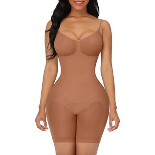 model wearing shapewear suit in bronze colour 