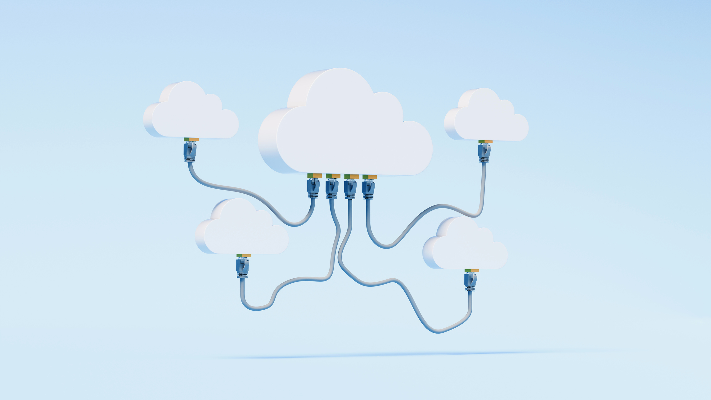 A large central cloud connected to multiple smaller clouds with ethernet cables.