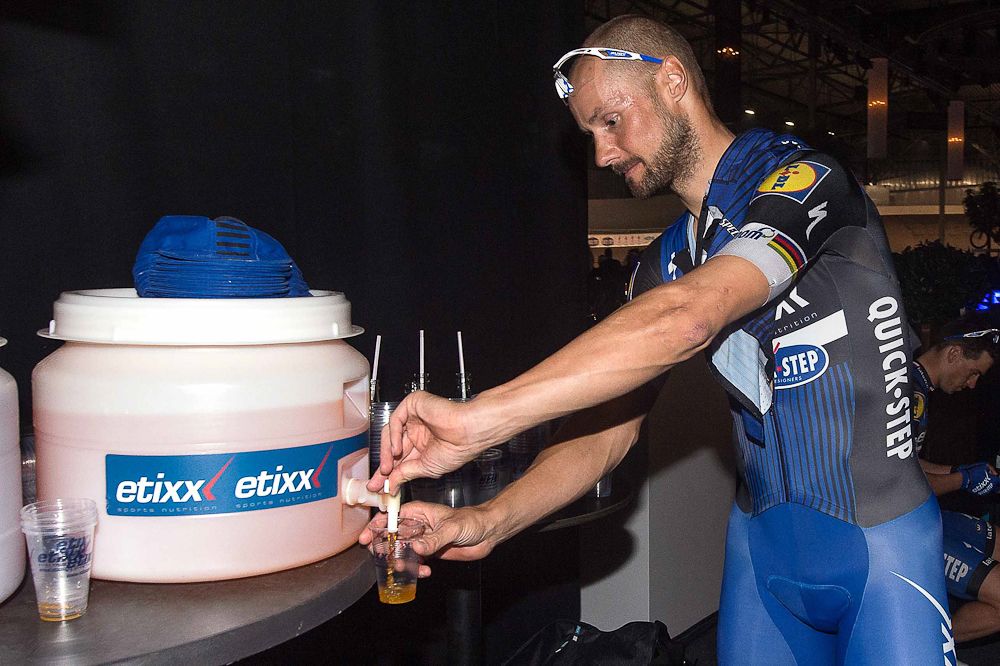 Tom Boonen hydrates at the Etixx-QuickStep team presentation