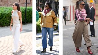Street style influencers showing shoes to wear with wide leg trousers wedges
