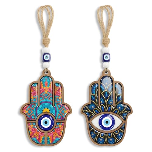 Lucky Vida 2 Pieces - Hamsa Hand Amulet Evil Eye Wall Hanging - Celestial Guard Set Car Rear View Mirror Accessories - Spiritual Evil Eye Protection Charm &amp;amp; Wood Nazar Ornament Decor for Home &amp;amp; Office