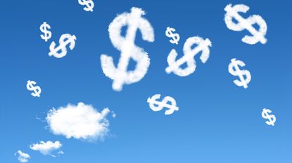 Dollar signs made of clouds float in a blue sky.