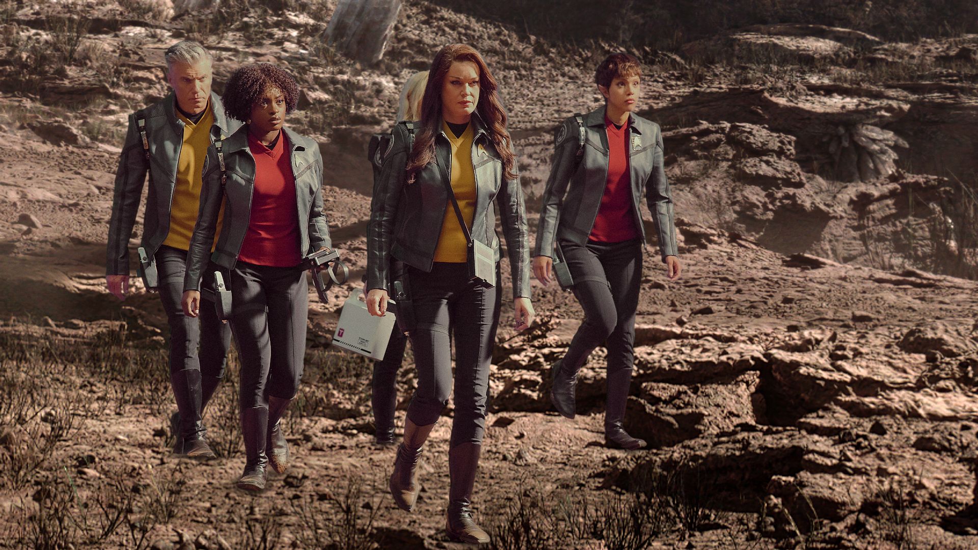 (L-R): Anson Mount as Captain Pike, Celia Rose Gooding as Uhura, Jess Bush as Christine Chapel, Rebecca Romijn as Una, and Bianca Nugara as A'Sha in Star Trek: Strange New Worlds, episode 8, season 4