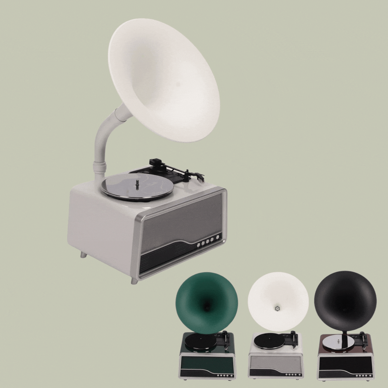 Vintage Wooden Bluetooth Gramophone Speaker in White, Green, and Brown, shown in a rotating gif against pale green background.