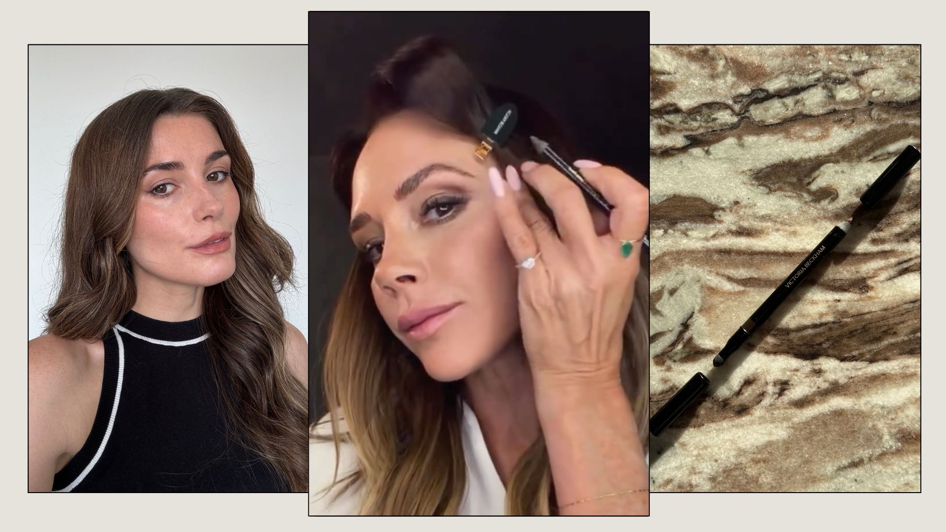 A collage with a photo of Victoria Beckham applying her eyeliner, a selfie of beauty editor Eleanor wearing the VBB satin kajal eyeliner in shade Cocoa, and a photo of the eyeliner itself on a marble surface