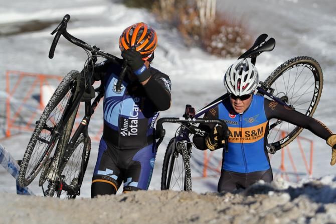 Beth Ann Orton shares the run-up with one of the men's masters racers.