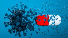 3D render of a drug defeating the coronavirus.
