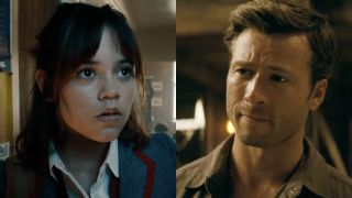 Jenna Ortega and Glen Powell in a side-by-side photo.