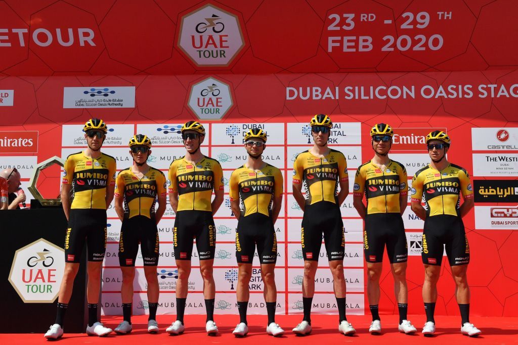 Jumbo Visma Team of Netherlands pose before the start of the first stage of the UAE Tour from the Pointe to Silicon Oasis in Dubai on February 23 2020 Photo by Giuseppe CACACE AFP Photo by GIUSEPPE CACACEAFP via Getty Images