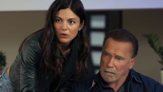 Monica Barbaro as Emma Brunner and Arnold Schwarzenegger as Luke Brunner in Fubar.