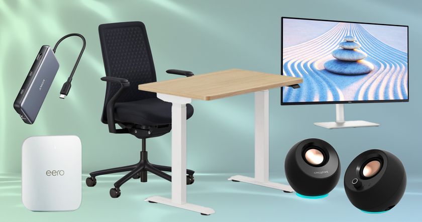 Several home office products on a colored background