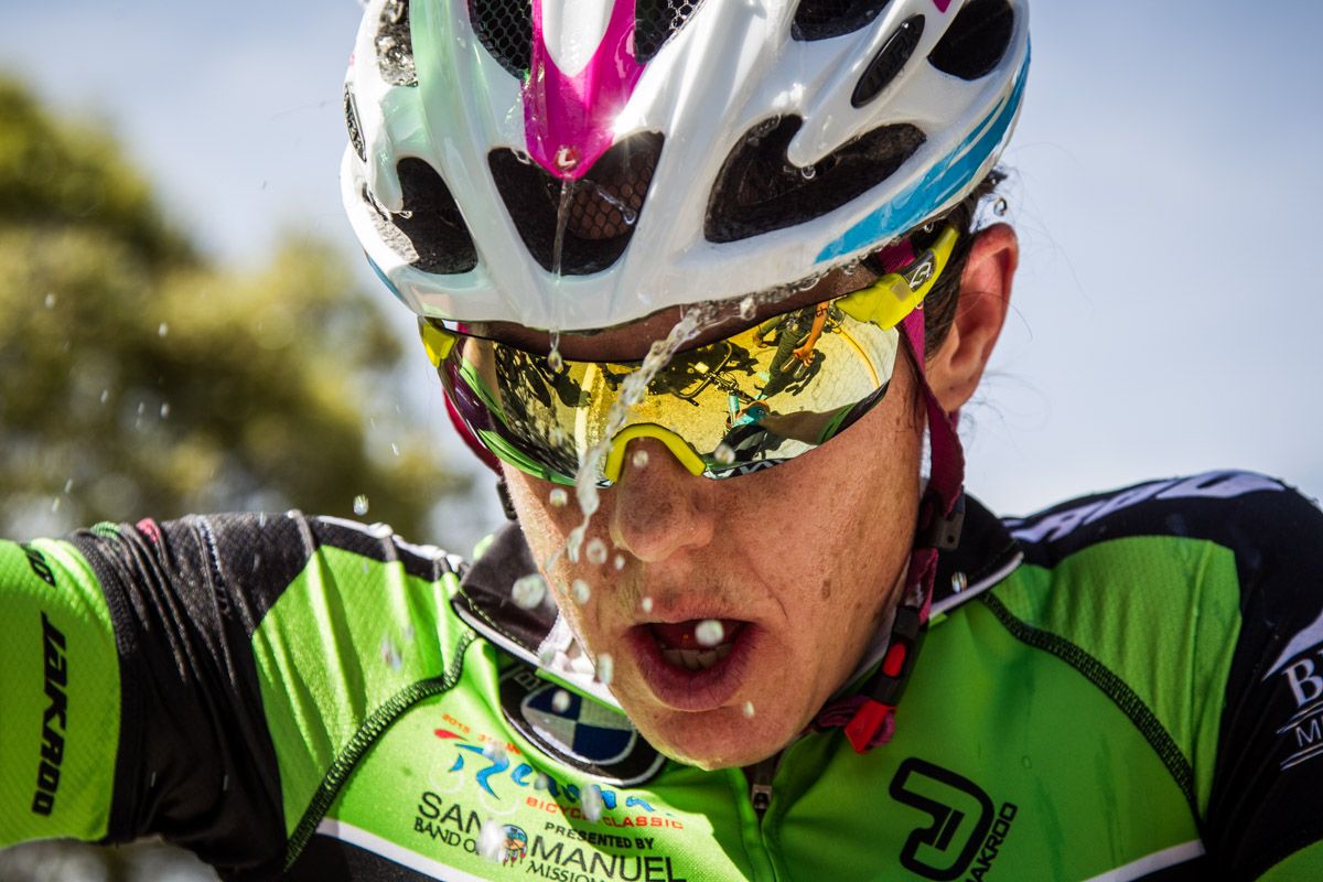 Rae Shaw (BMW) cools after the hot climb to the finish