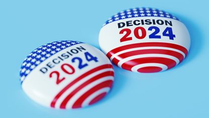 Decision 2024 vote badges on blue background. 2024 presidential election concept.