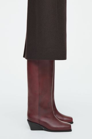 Square-Toe Leather Knee-High Boots