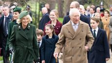 Catherine, Princess of Wales, Queen Camilla, Princess Charlotte of Wales, King Charles III, Prince William, Prince of Wales and Prince George of Wales attend the Christmas Morning Service at Sandringham Church on December 25, 2024