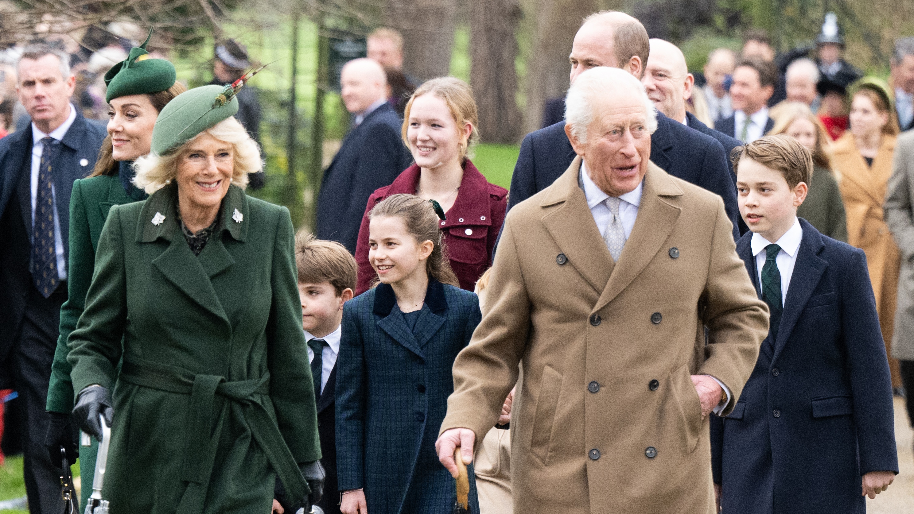 Catherine, Princess of Wales, Queen Camilla, Princess Charlotte of Wales, King Charles III, Prince William, Prince of Wales and Prince George of Wales attend the Christmas Morning Service at Sandringham Church on December 25, 2024