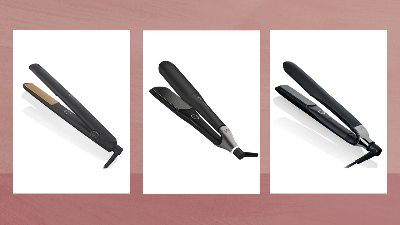 Collage of three of the best ghd straighteners featured in this guide (left to right): the Original IV, the Chronos Max and the Platinum plus, in vertical rectangular boxes set against a dark pink watercolour-style background