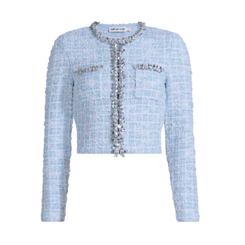 blue and white boucle trophy jacket with silver trim
