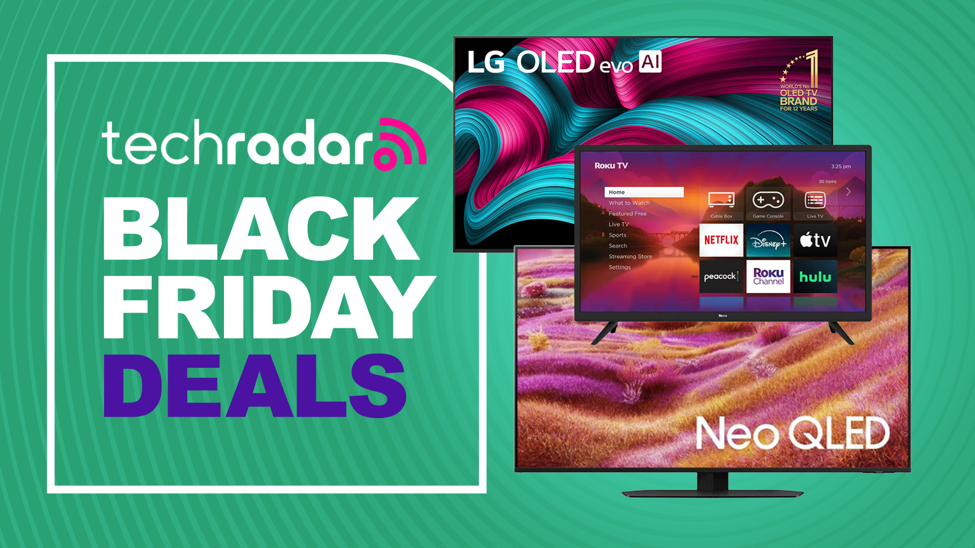 LG, Samsung and Roku TVs with a sign saying Black Friday deals