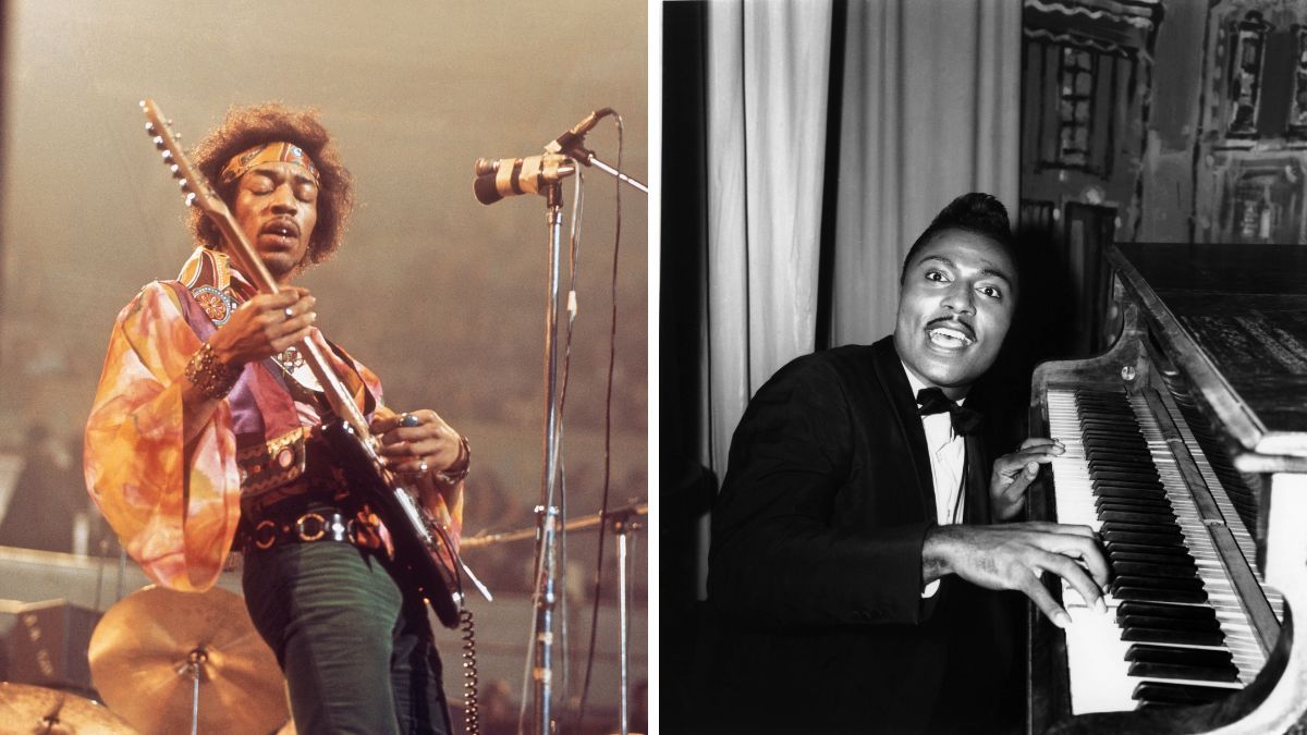 Left-American rock guitarist and singer Jimi Hendrix (1942-1970) performs live on stage playing a white Fender Stratocaster guitar with The Jimi Hendrix Experience at the Royal Albert Hall in London on 24th February 1969; Right- Black and white photo of Little Richard while he&#039;s posing behind a piano