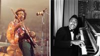 Left-American rock guitarist and singer Jimi Hendrix (1942-1970) performs live on stage playing a white Fender Stratocaster guitar with The Jimi Hendrix Experience at the Royal Albert Hall in London on 24th February 1969; Right- Black and white photo of Little Richard while he's posing behind a piano
