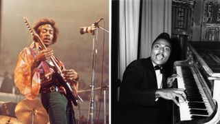 Left-American rock guitarist and singer Jimi Hendrix (1942-1970) performs live on stage playing a white Fender Stratocaster guitar with The Jimi Hendrix Experience at the Royal Albert Hall in London on 24th February 1969; Right- Black and white photo of Little Richard while he's posing behind a piano