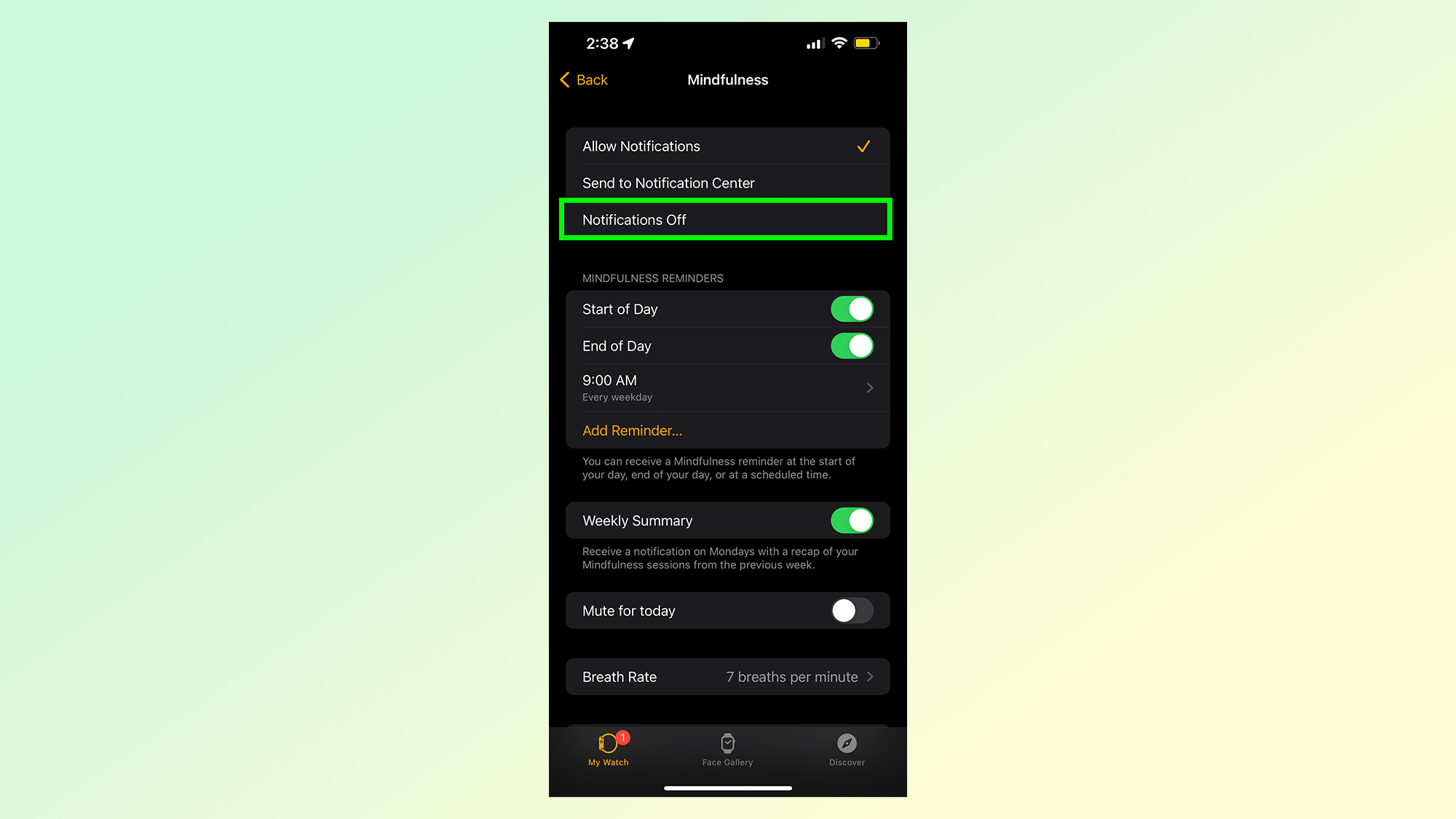 Apple Watch Mindfulness app settings on iPhone