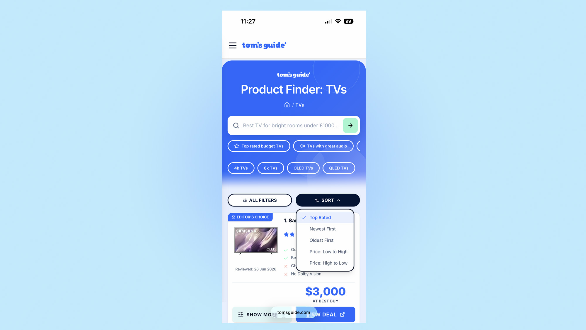 product finder sort feature