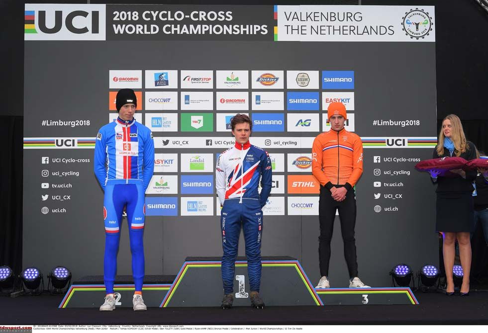 The junior men's podium of Tomas Kopecky (Cze), Ben Tulett (GBr) and Ryan Kamp (Ned)