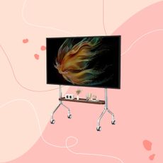CNTSLNB Mobile TV Cart Easel Rolling TV Stand on pink background