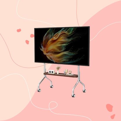 CNTSLNB Mobile TV Cart Easel Rolling TV Stand on pink background