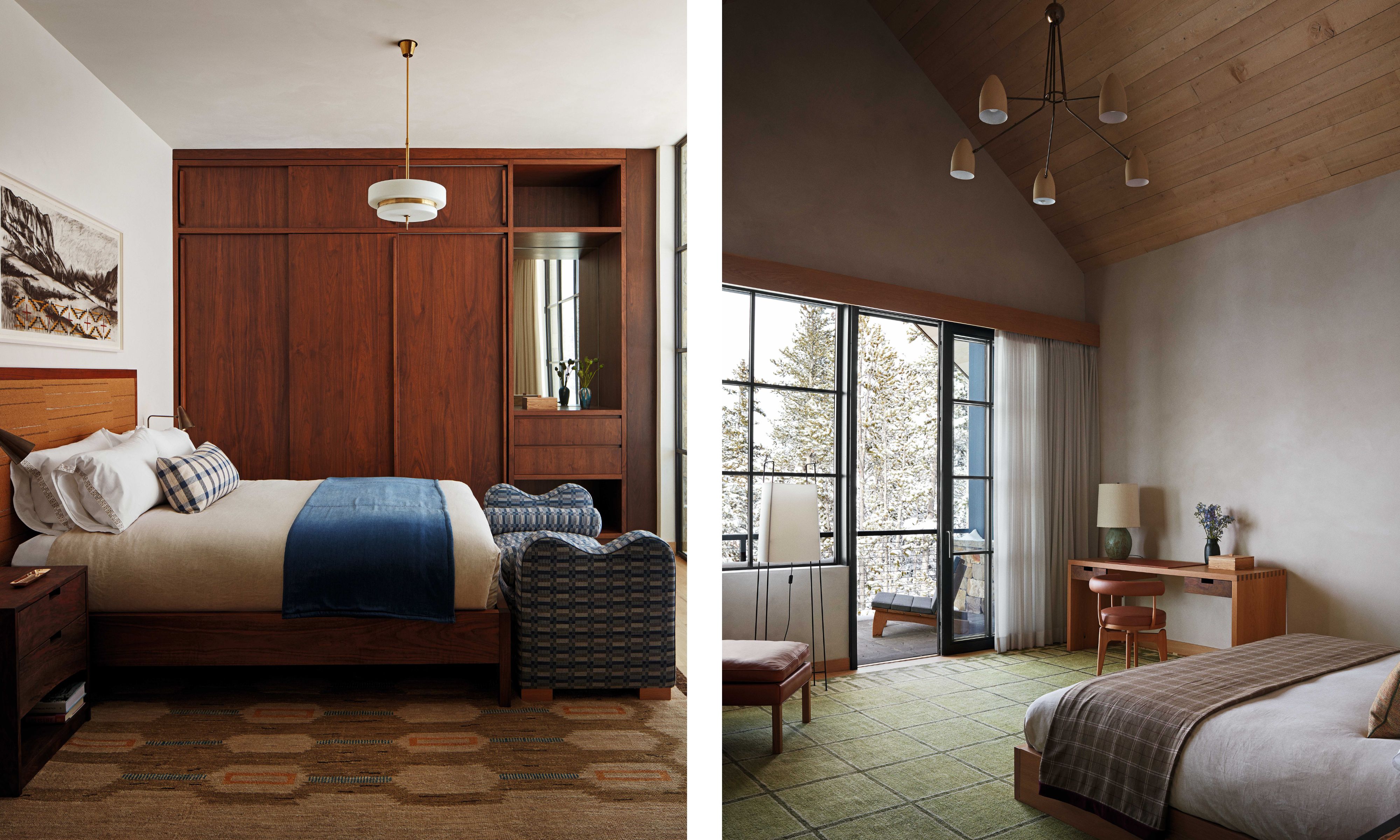 Split image: Left: A bedroom with a dark wood wall-to-wall wardrobe, a low wooden bed with blue accents, and an abstract patterned rug. Right: A bedroom with a slanted wood-paneled ceiling, an antique brass chandelier, and a large window overlooking a snowy landscape.