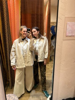 Two women wear the Free People Cori Waxed Jacket