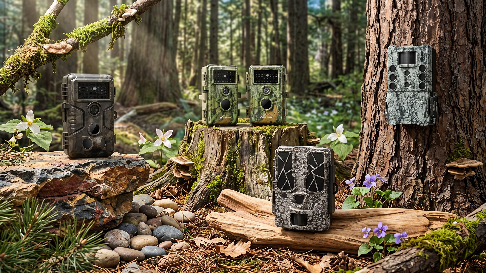 A selection of trail cameras in some woods.