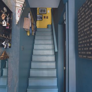 Navy hallway with painted stairs and walls in matching colour.