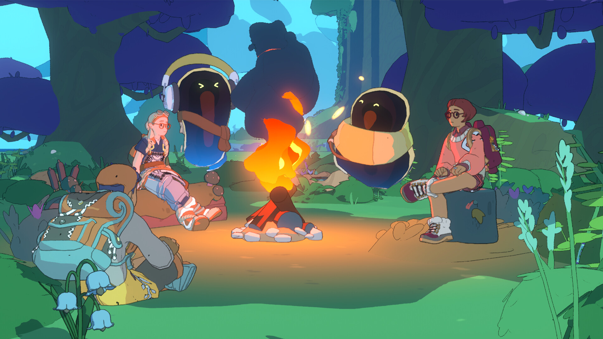 Spirit Crossing screenshot showing three characters with backpacks sitting around a fire with two spirits that hover above the ground