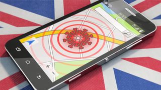 A smartphone displaying a generic contact-tracing app with British flag in the background