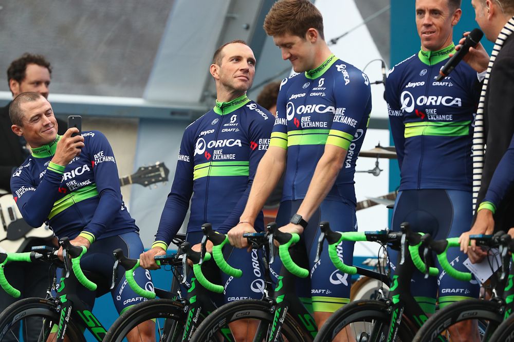 Orica riders on the Tour de France team presentation stage