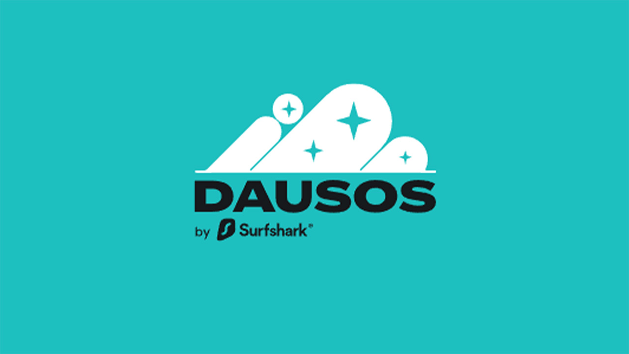 Surfshark black and white Dausos logo on a blue background