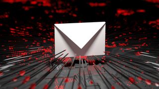 An CGI render of a white envelope being shot at from all directions by arrows with red-tips, to represent business email compromise (BEC).
