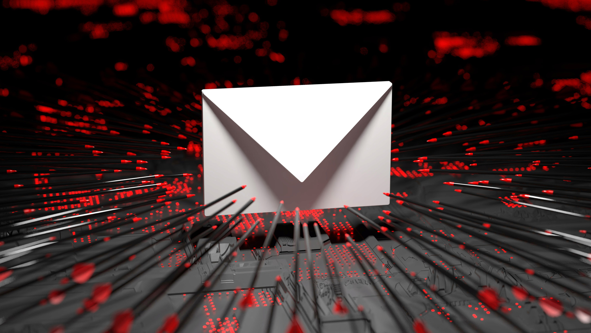 A CGI render of a white envelope being shot at from all directions by arrows with red-tips, to represent business email compromise (BEC).