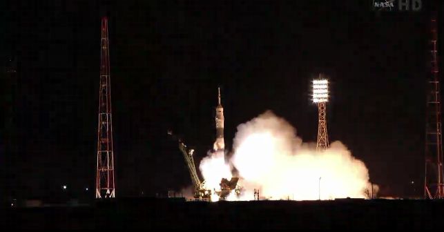 A Russian Soyuz TMA-21 spacecraft, named for famed cosmonaut Yuri Gagarin - the first human in space - launches from Baikonur Cosmodrome in Kazakhstan on April 4, 2011 at 6:18 p.m. EDT.