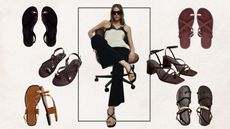 Model wearing toe ring sandals surrounded by cut outs of similar styles