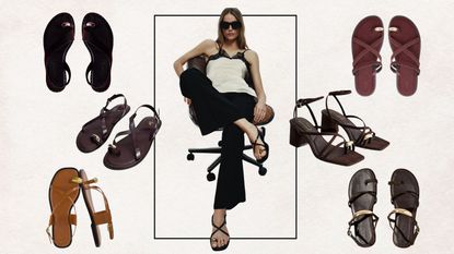 Model wearing toe ring sandals surrounded by cut outs of similar styles