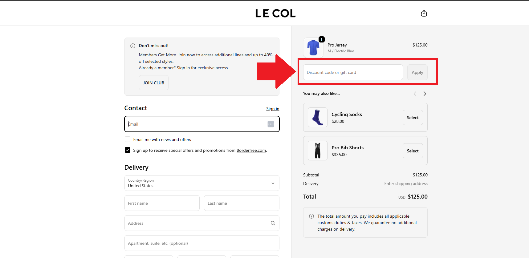 A screenshot of the Le Col checkoit page showing where to enter your Le Col promo code