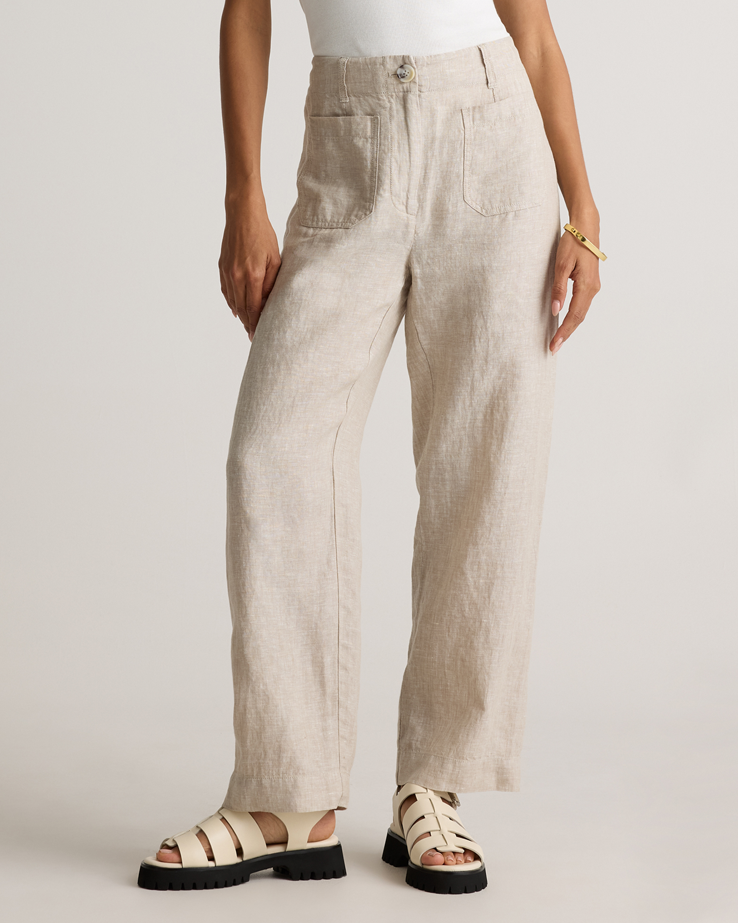 100% European Linen Patch Pocket Wide Leg Pants in Flax