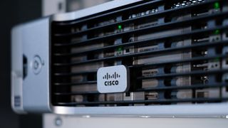 Close up Cisco logo on a UCS C240 M4 server in a data centre