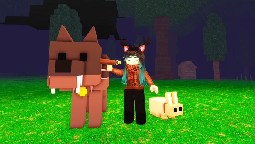 A 99 Nights in the Forest player standing with her pet wolf and bunny in the dark. She&#039;s also holding the Taming Flute.